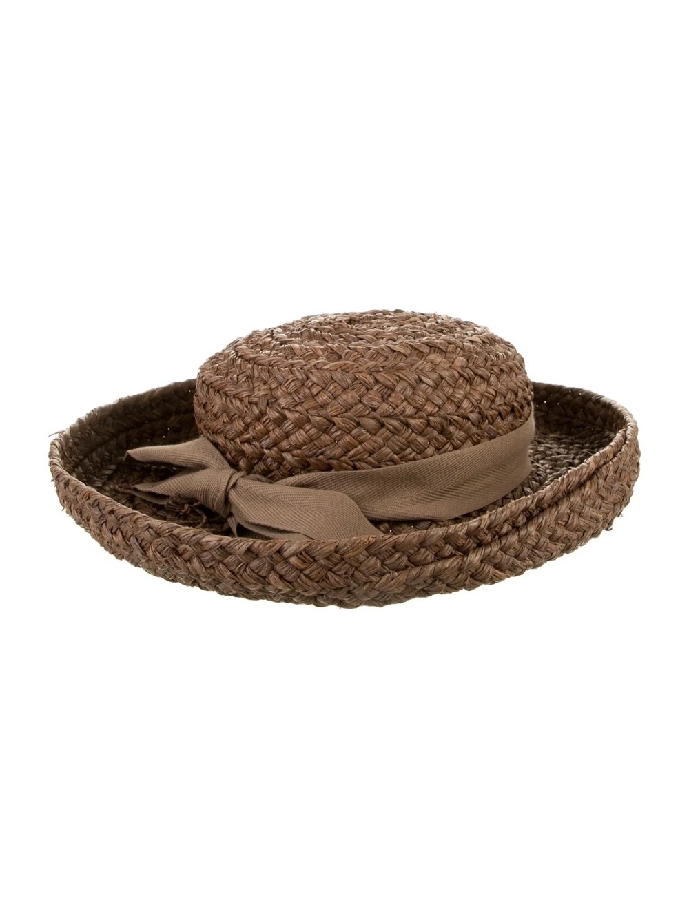 Helen Kaminski brown raffia straw sun hat with a ribbon bow detail.